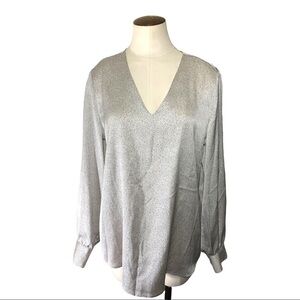 Adrianna Papell Flowy Luxurious Satiny Polka-dot Blouse V Neck Long Sleeves Sz M